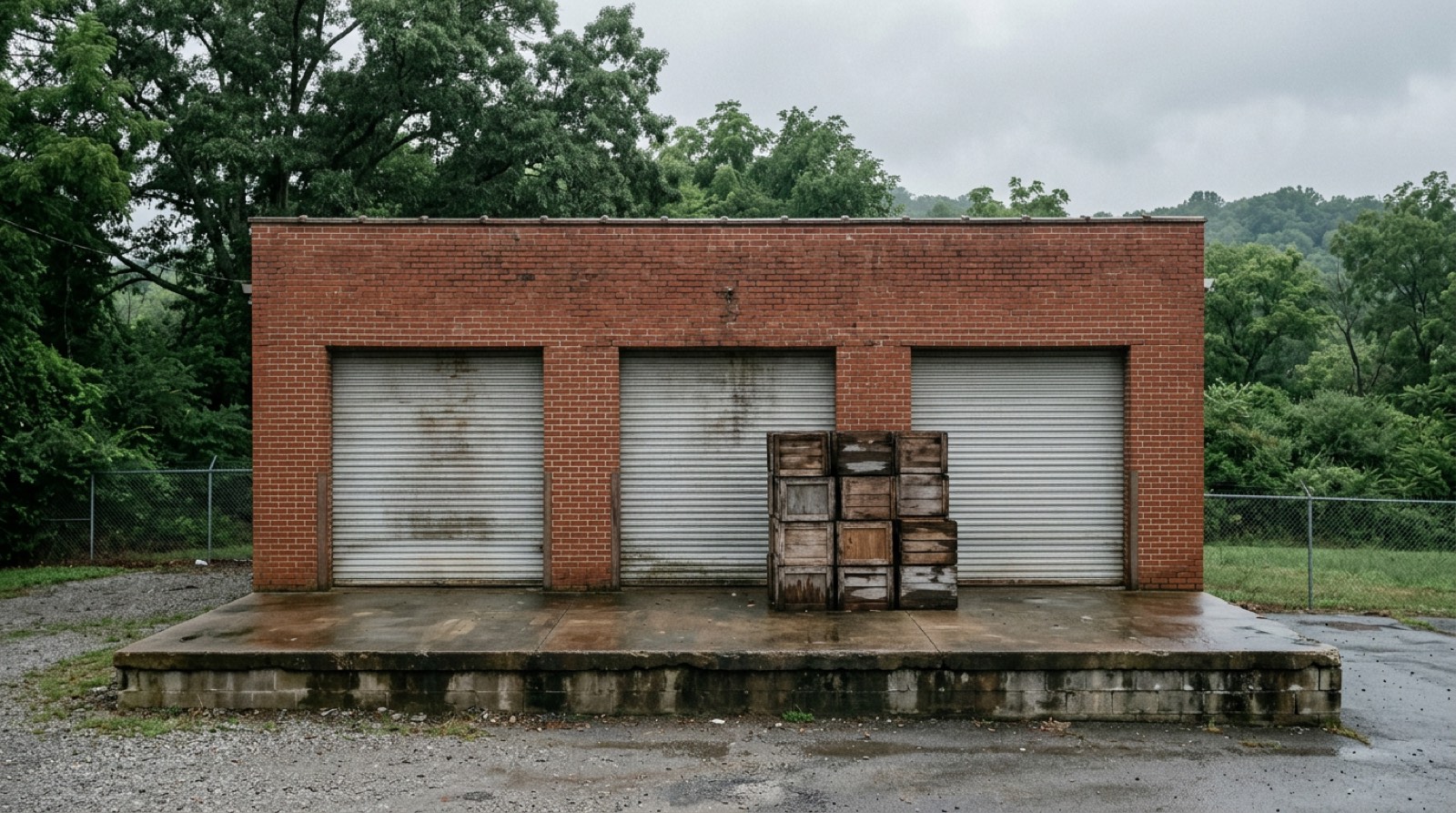 The loading dock of a plain red brick market building: three closed roller shutters, a raised concrete apron wet from rain, a stack of empty wooden crates, and wooded hillside behind