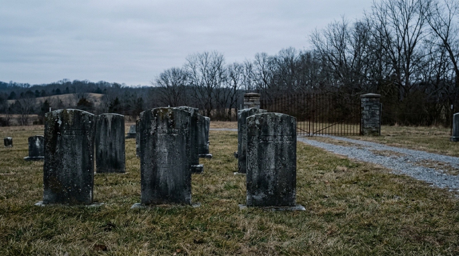 Weathered limestone headstones with their inscriptions worn away completely, standing in rough winter grass under bare trees, with a closed iron gate at the end of a gravel track